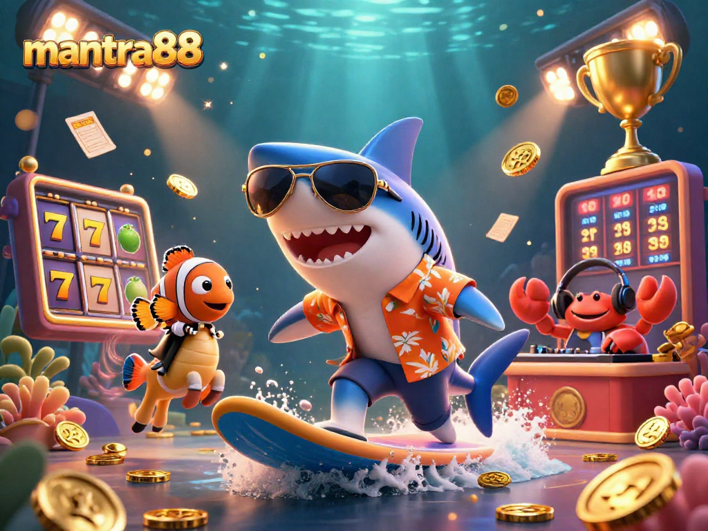Experience the excitement of mantra88's games with an underwater casino scene featuring fun characters.