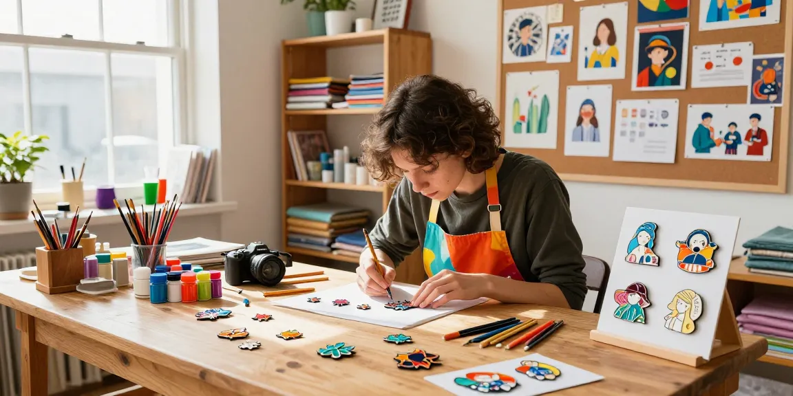 Create unique custom enamel pins in a vibrant artisanal studio with colourful designs and painting tools.