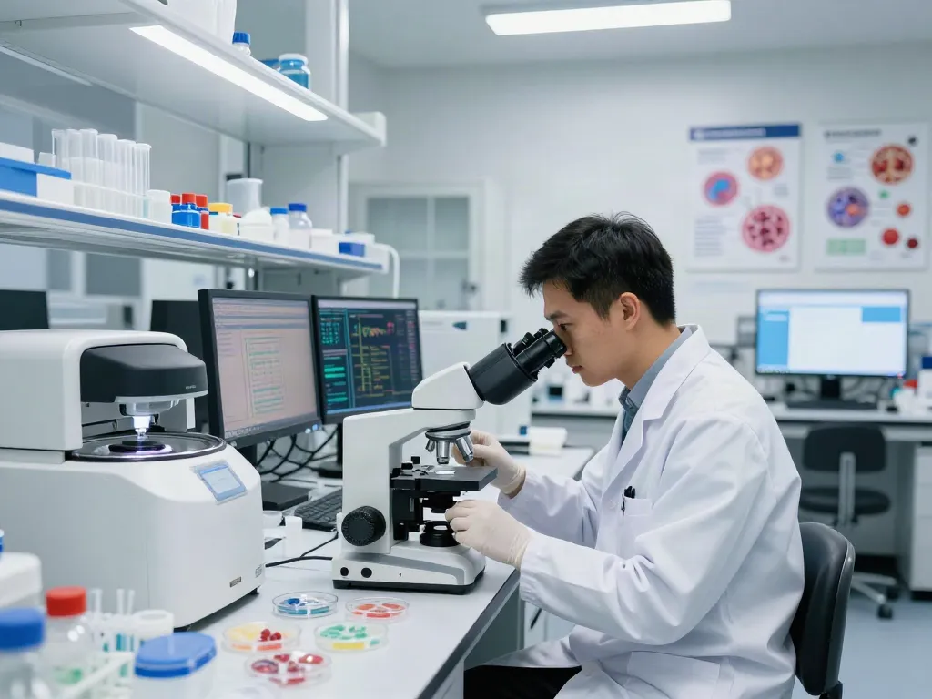 Cancer precision medicine research lab scene with scientists analyzing DNA samples and advanced technology.