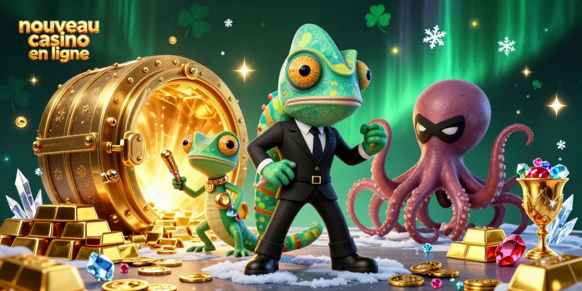 Illustration dynamique d'un nouveau casino en ligne avec un caméléon agent secret et des éléments de jeu
