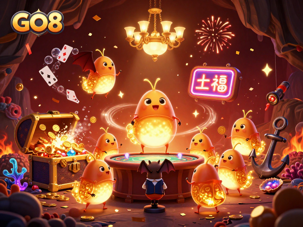 Experience thrilling games at GO8's vibrant casino, glowing with excitement and treasures.