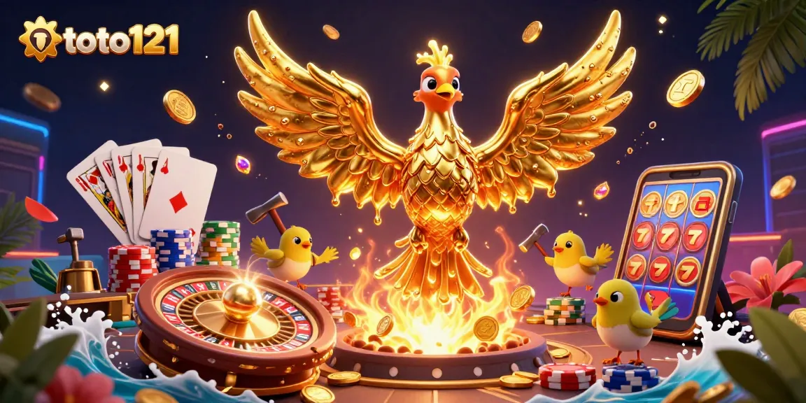 Experience thrilling wins at toto121 with a 3D golden phoenix and casino elements revealing vibrant gameplay.