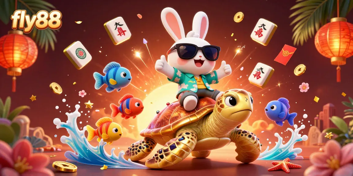 Experience thrills at fly88 with a lucky rabbit and sea turtle celebrating winnings in a vibrant casino scene.