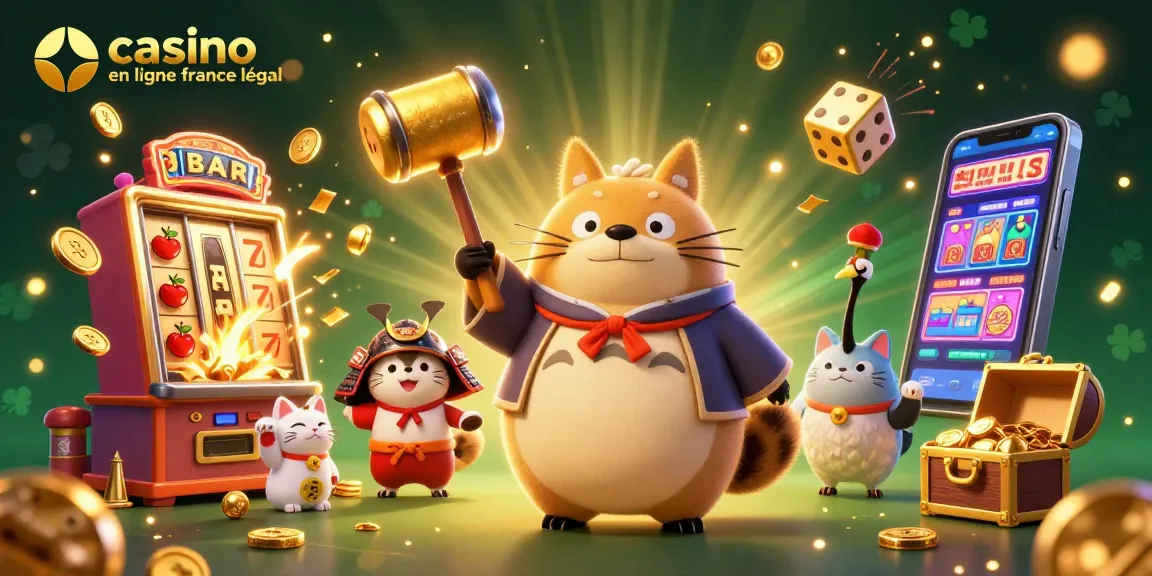 Plongez dans l'univers vibrant du casino en ligne France légal, avec un tanuki et des éléments de jeu animés.