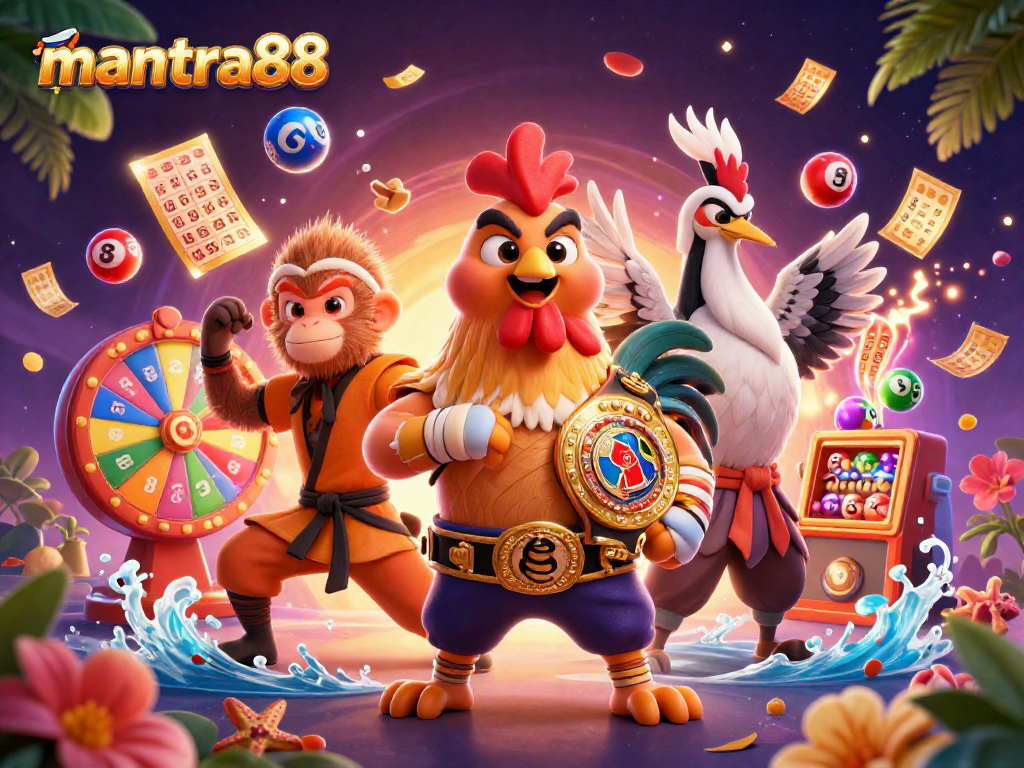 Experience the thrills of gambling with mantra88 as colorful lottery elements and dynamic characters come alive in this vibrant scene.