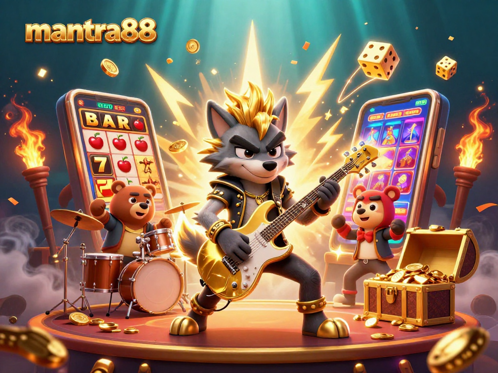 Experience mantra88 with a vibrant 3D casino scene featuring slot machines and rock star characters.