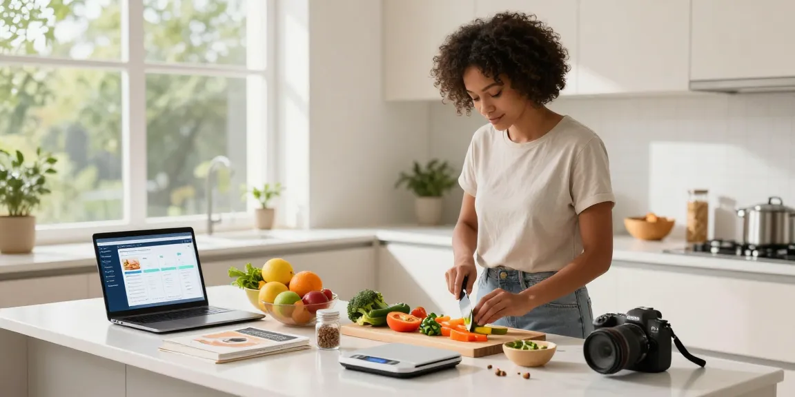 The best weight loss app showcased in a vibrant kitchen with a user preparing healthy meals.