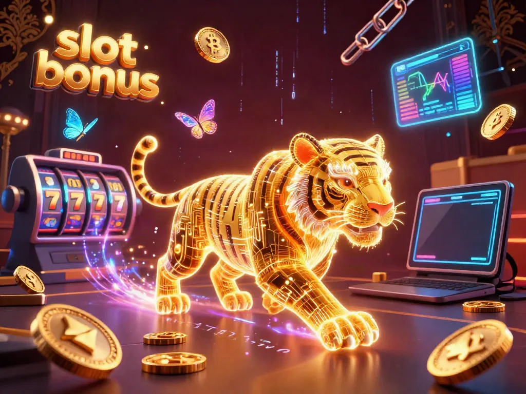Engage with the slot bonus scene featuring a neon-wireframe tiger amidst lively casino symbols and cryptocurrencies.