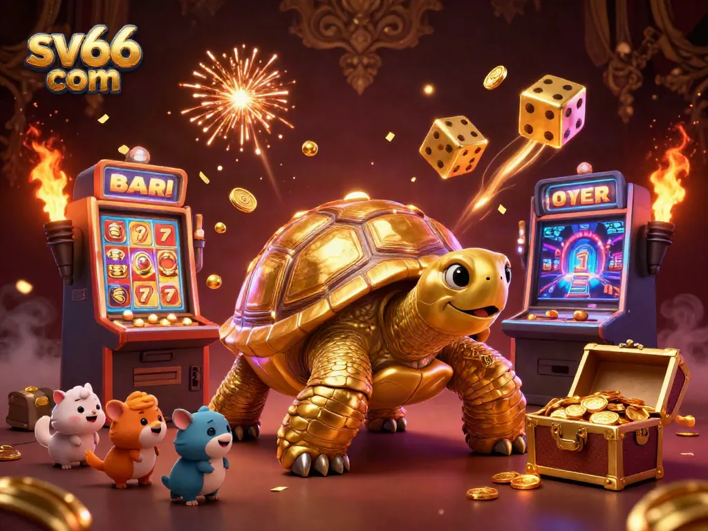Experience thrilling wins at sv66 com with a vibrant casino scene featuring a golden tortoise, dynamic games, and jackpots.