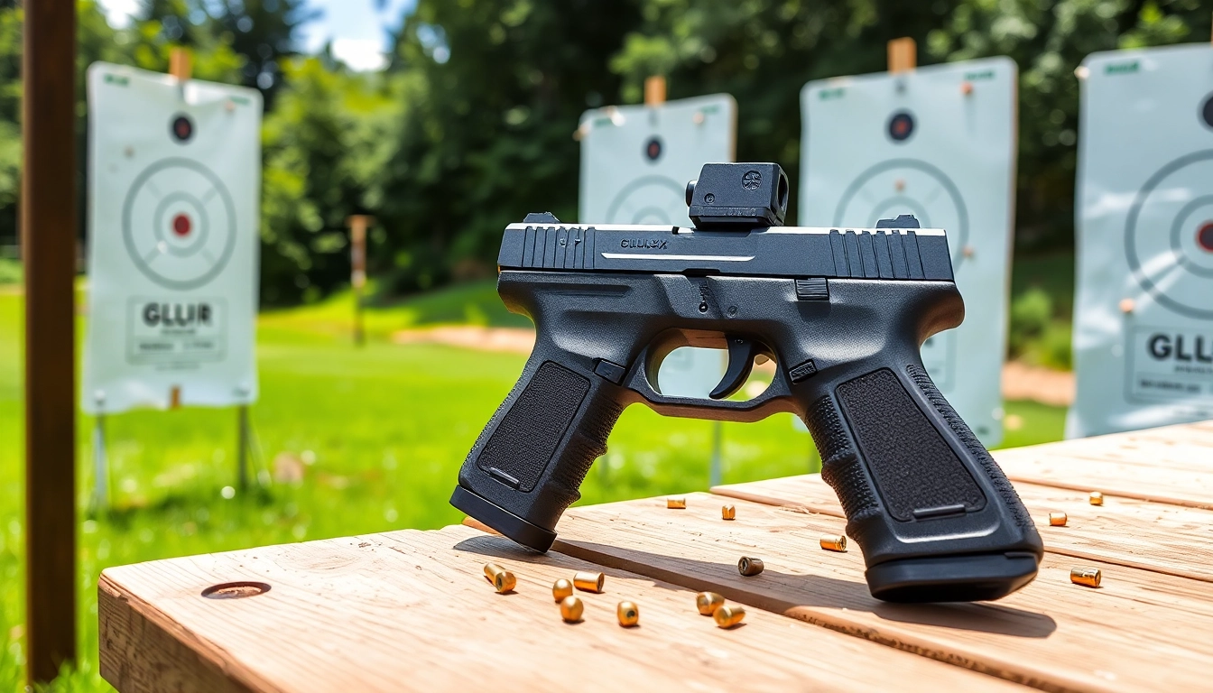 Showcase of Glock 43X MOS on a shooting range with vibrant surroundings.