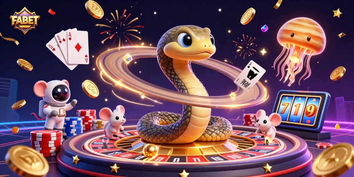 FABET casino scene showcasing a Saturn ring snake roulette, astronaut mice betting, and golden jellyfish dealer.