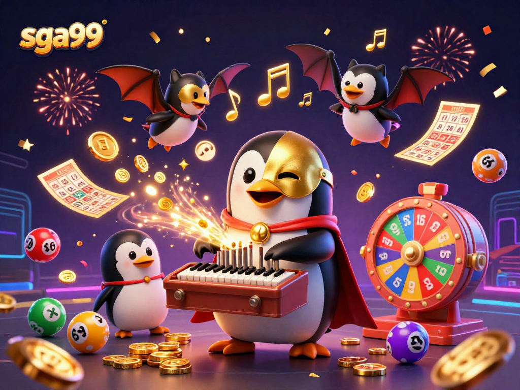 Experience thrilling gameplay at sga99 with colorful lottery balls and a festive penguin!