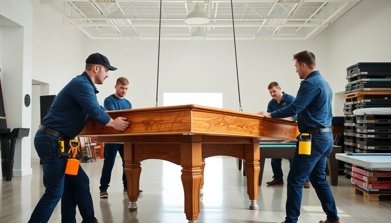 Expert game table movers services team carefully disassembling a pool table in a bright setting.