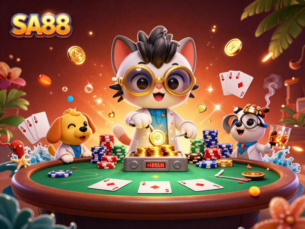 Experience SA88's vibrant casino world with cartoon characters creating gold coins at a poker table.