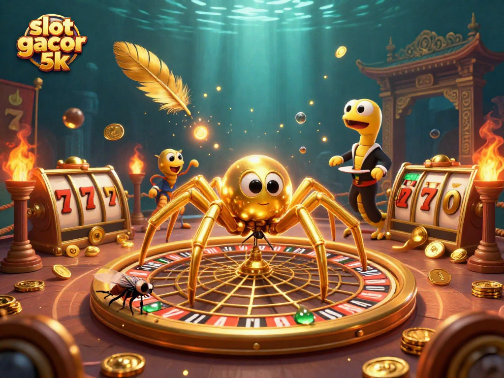 Experience slot gacor 5k action with a lively 3D scene featuring a roulette wheel, golden coins, and colorful characters.