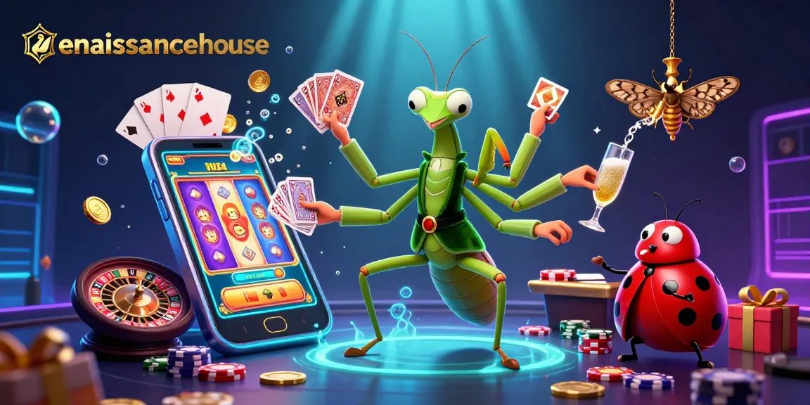 Renaissancehouse menghadirkan suasana kasino dengan karakter menarik dalam ilustrasi slot online.