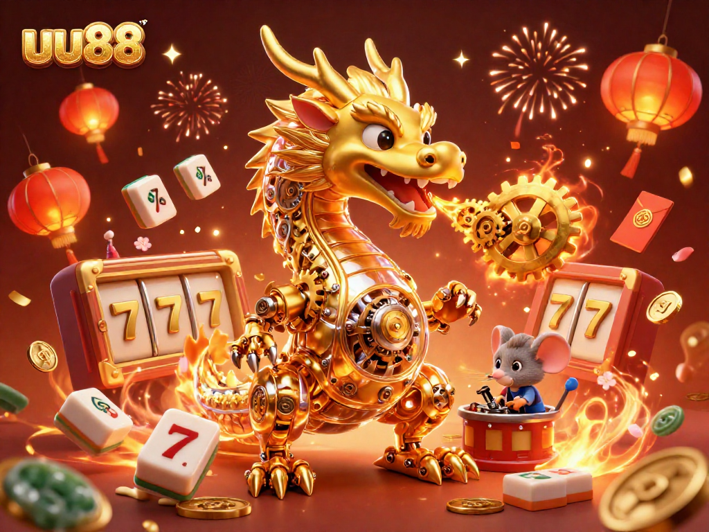 Join the excitement with uu88's golden dragon and festive slot elements in this vibrant casino illustration.