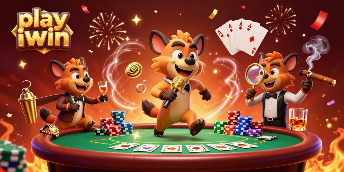 Play iwin in a fun 3D casino scene with hyenas and colorful poker elements.