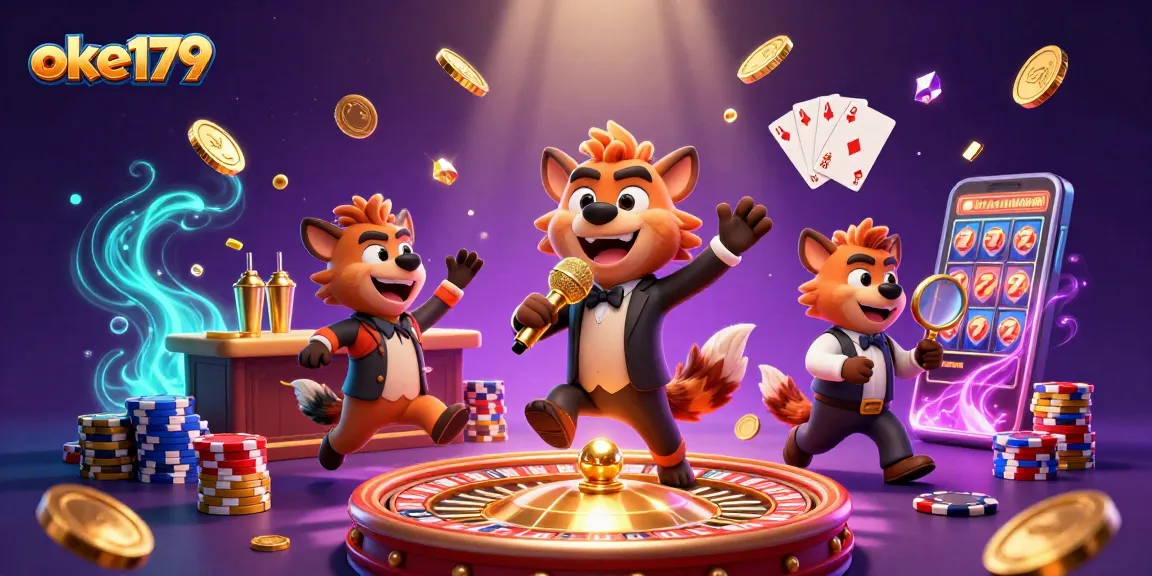 Experience the thrill of oke179 casino with lively hyena characters, spinning roulette, and vibrant game elements.