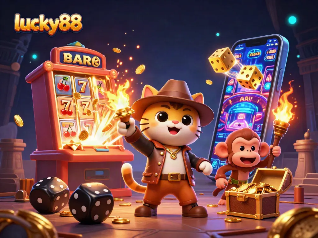 Experience thrilling gaming with lucky88 as the cat archaeologist uncovers treasures in a vibrant casino setting.