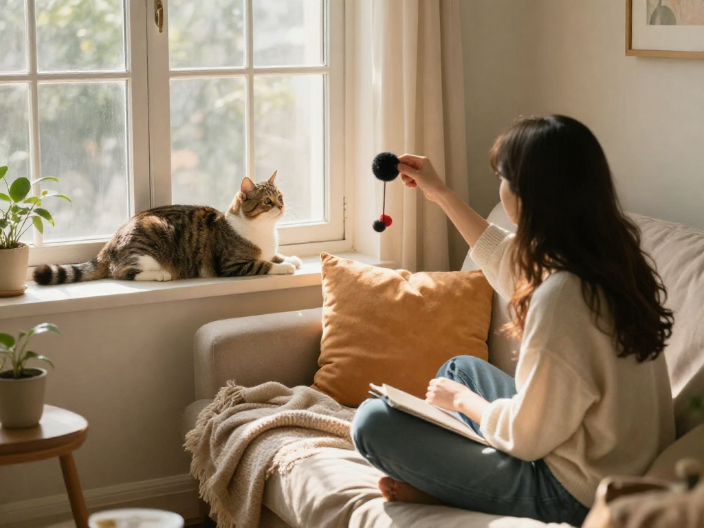 快喵在阳光明媚的窗台上悠闲休息，主人和猫咪互动的温馨家庭场景