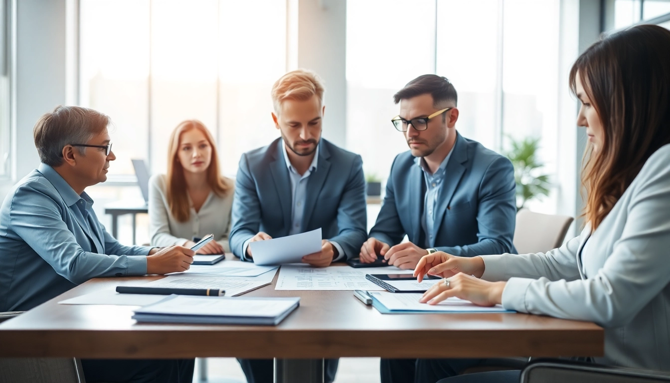 Engage with Title Insurance Services professionals in a modern office, discussing crucial details.