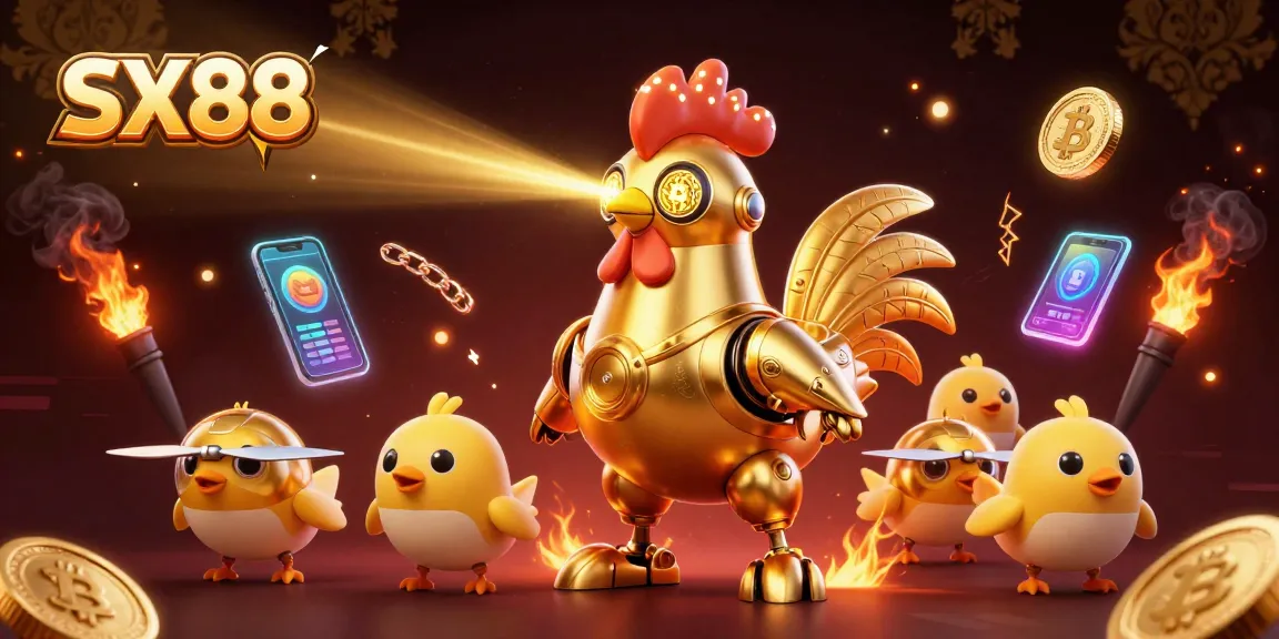 SX88 showcases a futuristic golden rooster robot leading baby chick drones, surrounded by vibrant gambling elements