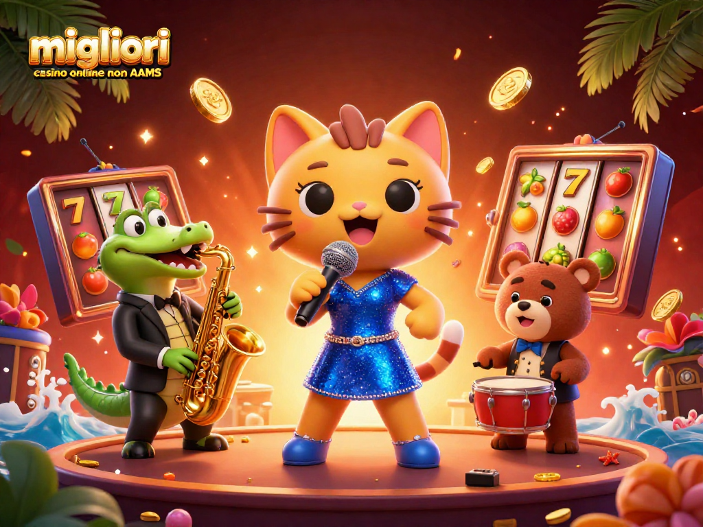Scopri i migliori casino online non AAMS mentre il gatto cantante intrattiene con il suo jazz, circondato da simboli fortunati e giochi emozionanti.