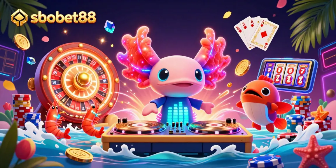 Experience sbobet88 betting excitement with a vibrant underwater casino scene, featuring a neon axolotl DJ.