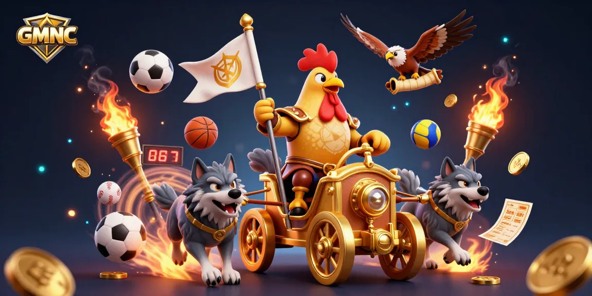 Engage with the dynamic GMNC gaming scene featuring a rooster warlord and sports elements.
