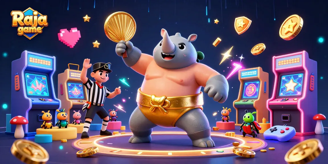 Engage in the thrilling Raja game with an exciting scene of a beetle champion amid coins and game machines.