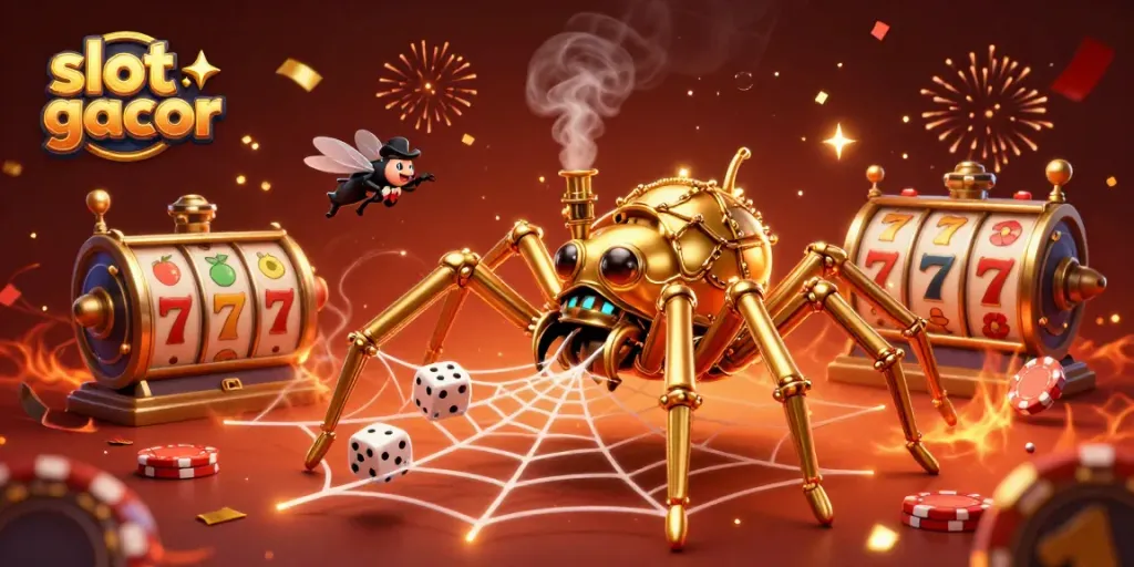 Engage in slot gacor gameplay with a whimsical 3D casino illustration featuring a golden spider and vibrant slot elements.