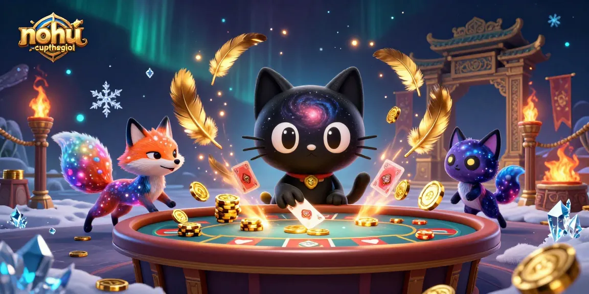Nohu-cupthegioi cosmic casino scene with a black hole cat and nebula fox pulling in chips
