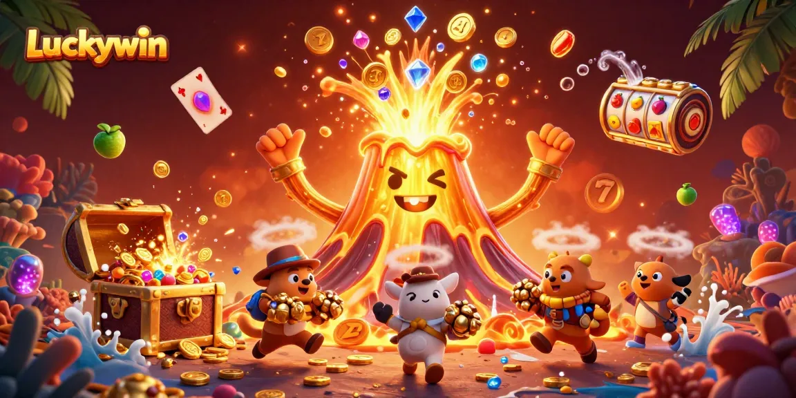 Engage in exciting gameplay at Luckywin with a triumphantly erupting volcano showering treasures and vibrant slot elements.