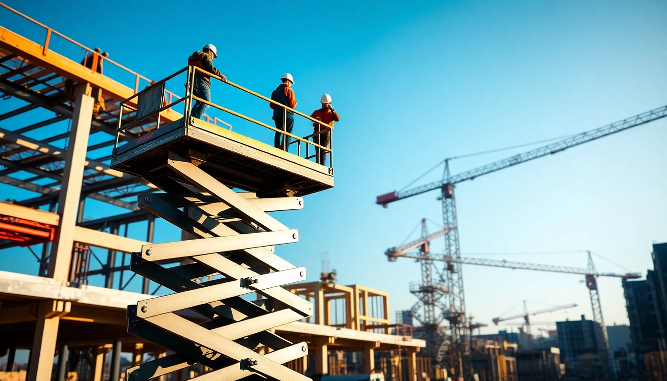 Scissor lift elevating workers on a construction site, demonstrating its utility and industrial design.