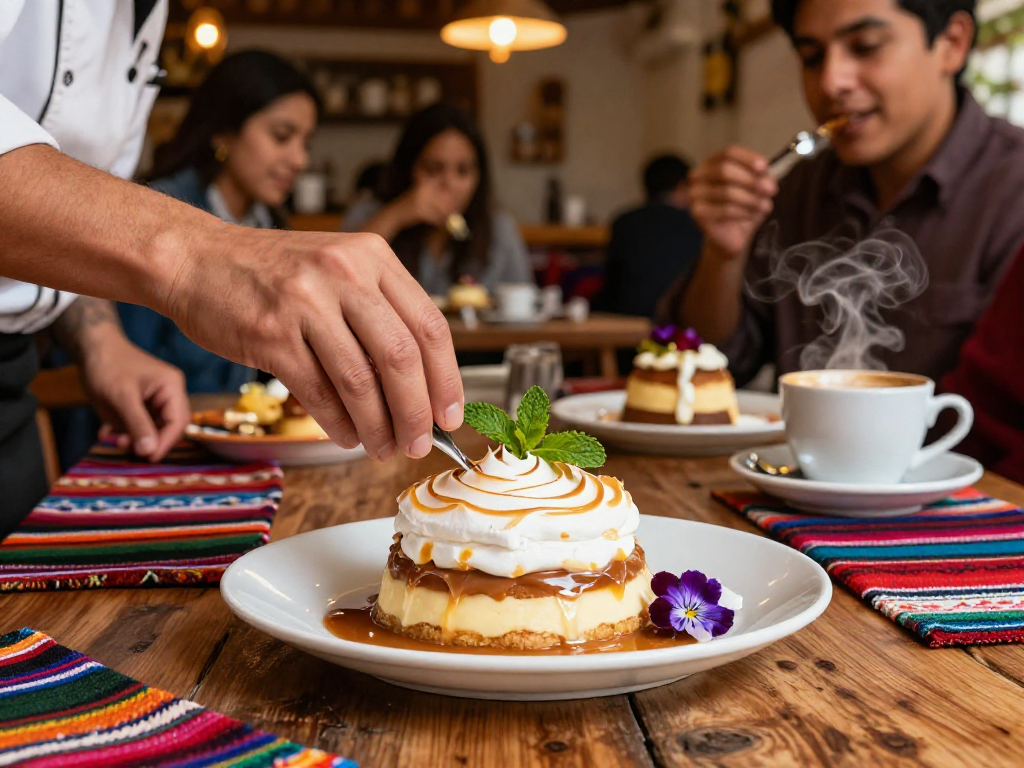 Enjoying the best suspiro a la limena near me, beautifully plated dessert in a cozy café