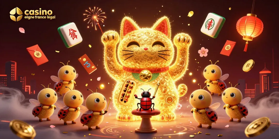 Illustration dynamique de casino en ligne France légal avec une sculpture de chat porte-bonheur illuminée, décorée de lanternes et d'éléments traditionnels.