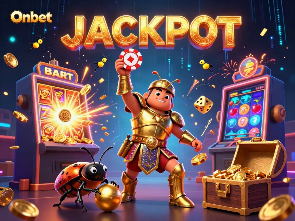 Onbet showcases a victorious hercules beetle lifting a poker chip amidst dynamic jackpot elements and colorful casino themes.