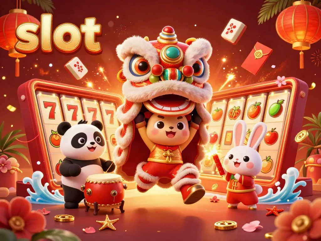 Slot yang menyenangkan dengan karakter tarian singa dan simbol keberuntungan dalam suasana meriah.