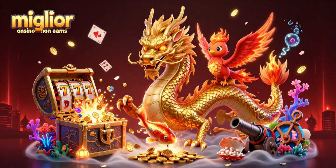 Scopri il miglior casino online non AAMS con un drago dorato, fenice e pesce fortunato in un ambiente fantastico.