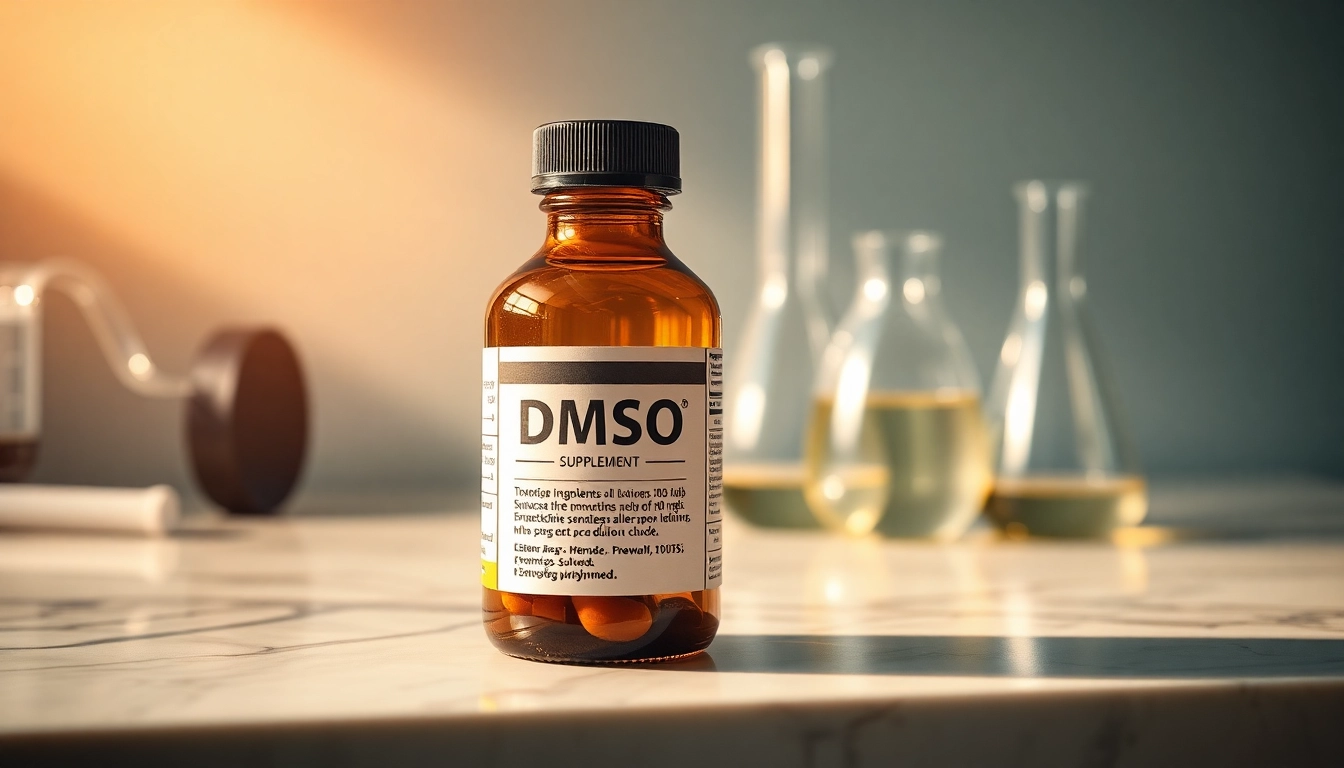 DMSO supplement bottle displayed attractively with warm lighting and scientific props.