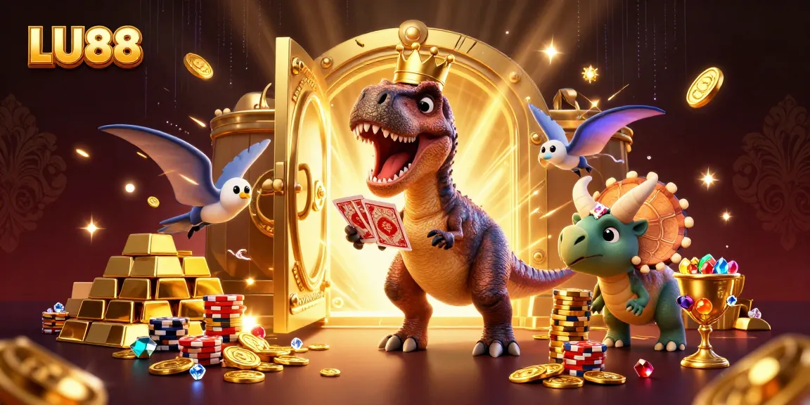 Experience thrilling gameplay at LU88 with a lively dinosaur casino scene featuring a fun T-Rex and friends.