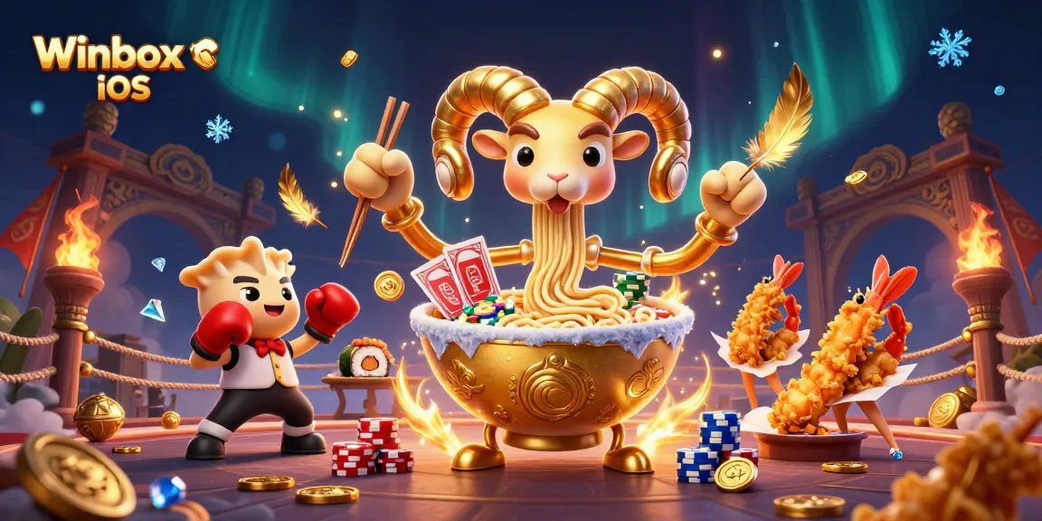 Engaging action with Winbox iOS illustrated by a giant ramen bowl dealer and a sushi roll amidst casino excitement.