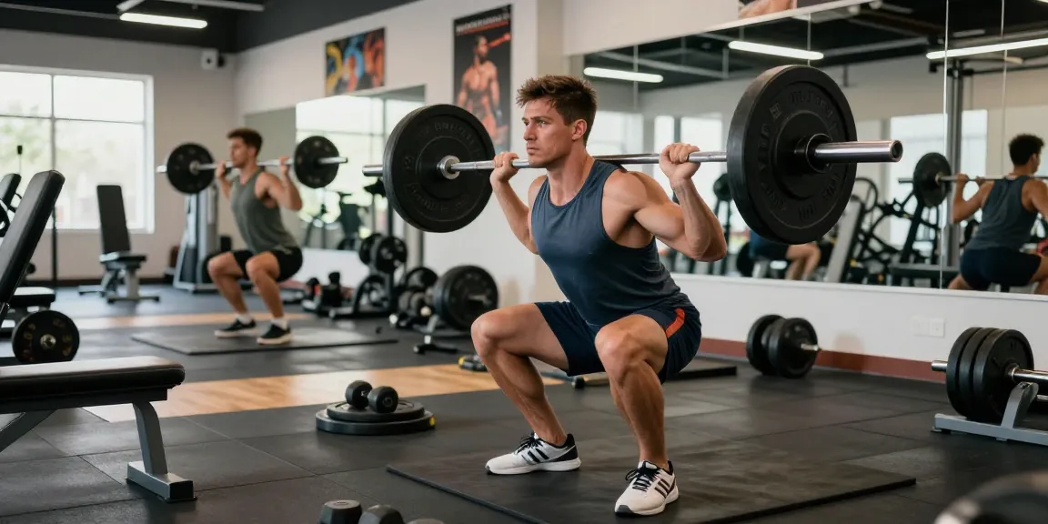 Selliza Steroids fitness training with a muscular man performing barbell squats in a professional gym.