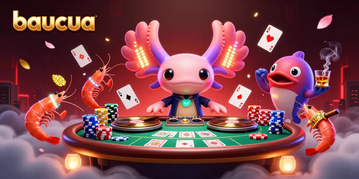Engage in baucua fun with neon-colored axolotl DJ, poker elements, and vibrant underwater scene.