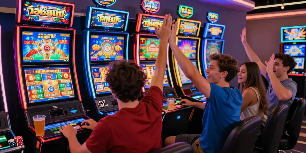 Group of friends celebrating a win at a สล็อตเว็บตรง gaming lounge, embodying the excitement of online gambling.