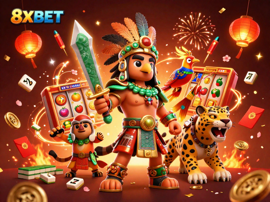 Betting on winnings at 8XBET with an Aztec warrior engaging in casino games