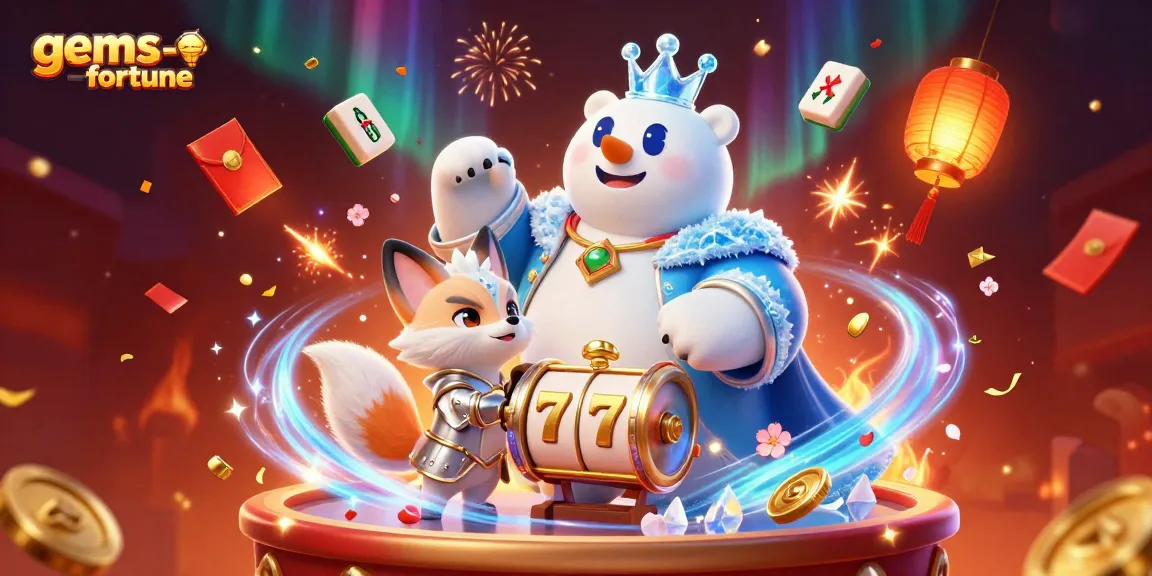 Win big with gems-fortune in this vivid casino scene featuring a colorful polar bear and dynamic slot elements.