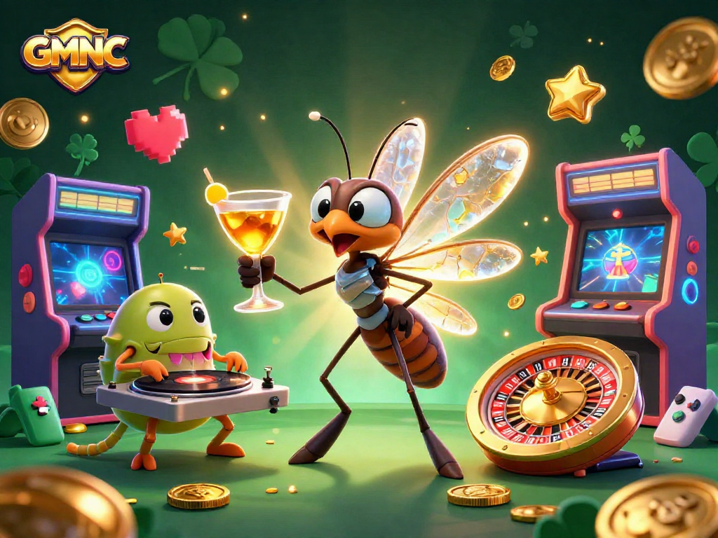 Experience excitement with GMNC as a frozen mosquito mascot and a trilobite DJ at a vibrant casino scene.