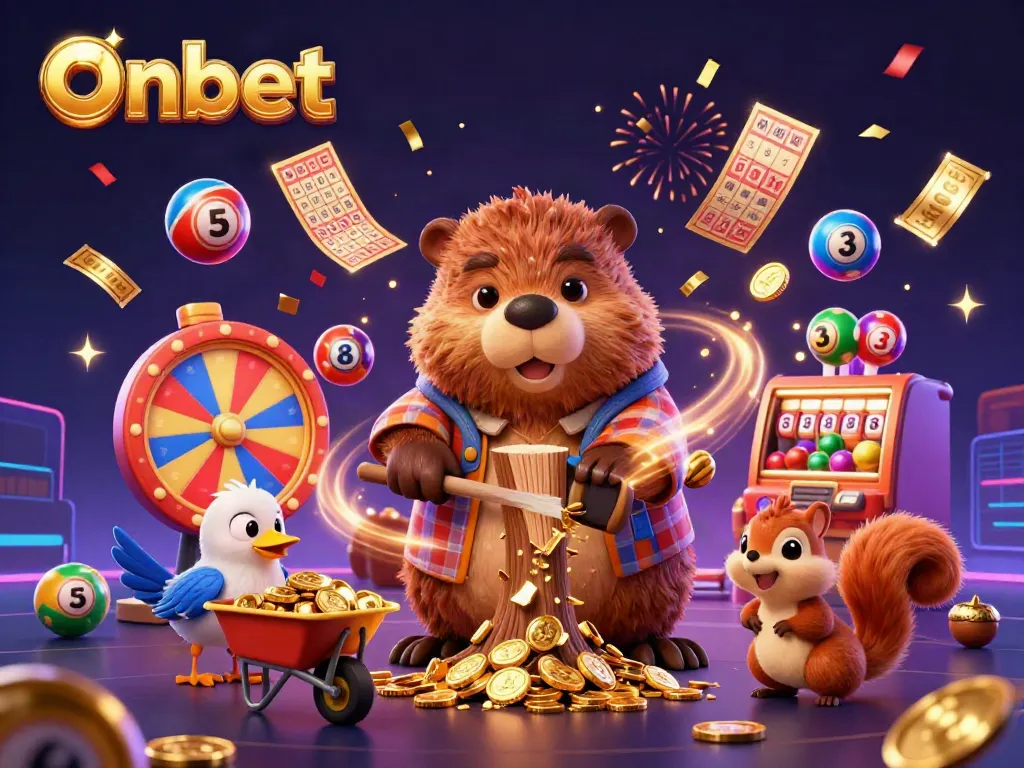 Onbet jackpot scene with cartoon characters collecting coins amidst vibrant casino elements